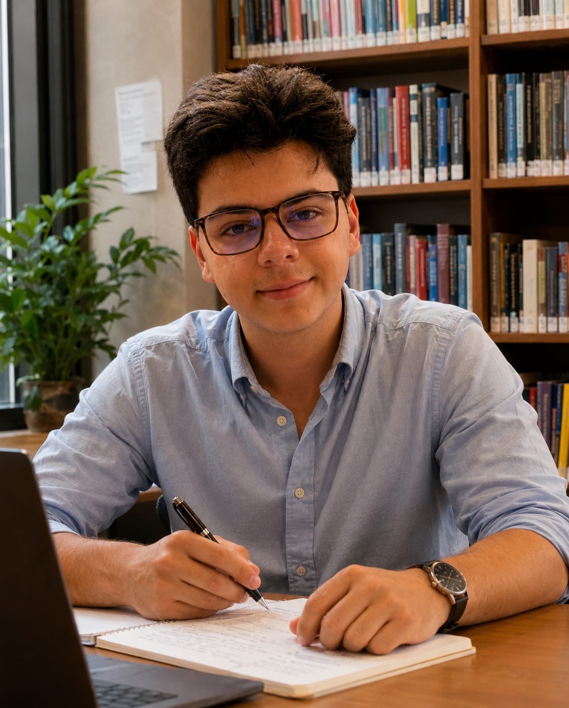 Özgür Aydin, founder and tutor at HyperLearn, studying in a library